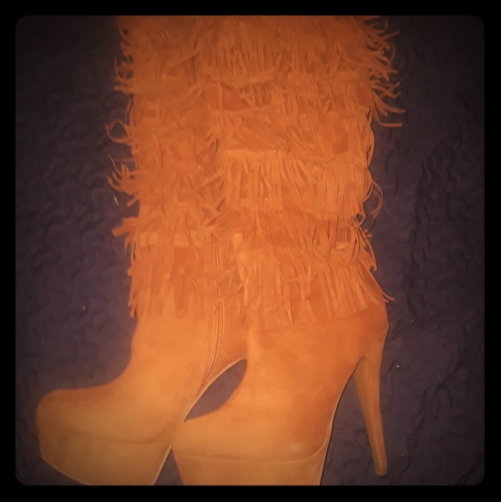 Camel color knee high fringe Boots 9